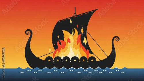 A dramatic viking longboat engulfed in flames on the ocean with a vibrant sunset background