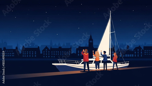 Four friends standing on a dock waving at a white sailboat on a starry night with a city skyline in the background, a warm and joyful moment