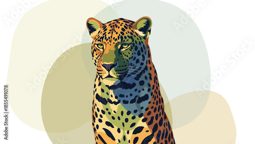 A jaguar with colorful spots and a vibrant coat stands against a background of abstract shapes in muted earthy tones.