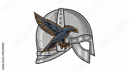 Viking helmet with raven emblem, medieval symbol of power and strength, gray metal with rivets and straps, mythical norse design element