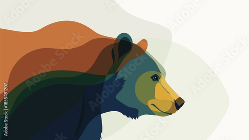 Multicolored bear head in profile with abstract layered design against a light background.