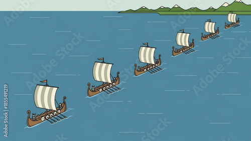 Viking ships sail across blue waters towards distant land with mountains, six brown vessels with white sails