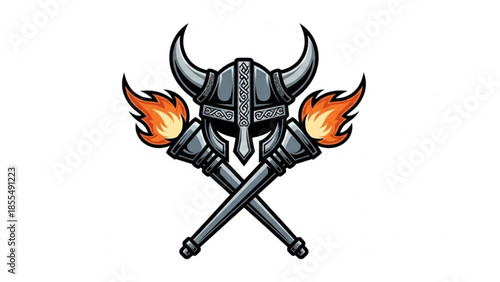 Viking helmet with crossed flaming torches, medieval warrior symbol, norse mythology icon, gray metal horned headgear, orange fire, white background
