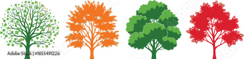 Stylized Tree Quartet in Green, Orange, and Red – Botanical Illustration of Seasonal Foliage Transitions