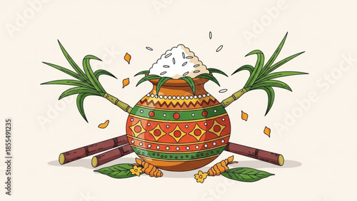 A vibrant clay pot filled with rice and decorated with colorful patterns, flanked by sugarcane stalks and palm leaves, symbolizing abundance and festivity