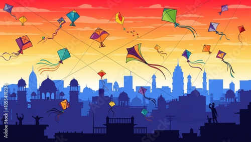 Vibrant kites soar above a bustling city skyline at sunset with colorful sky