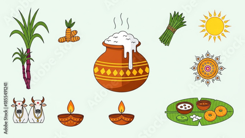 Pongal festival celebration elements with clay pot, sugarcane, turmeric, cow, diyas, and traditional food on a leaf plate
