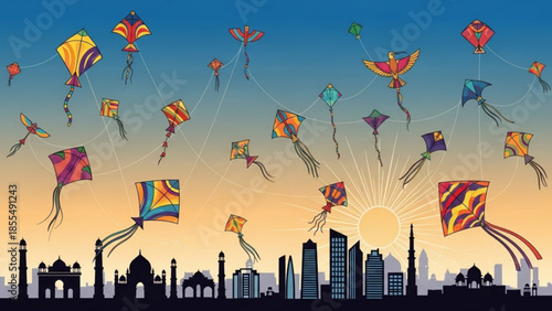 Colorful kites flying high above a city skyline at sunset with vibrant blue and orange sky