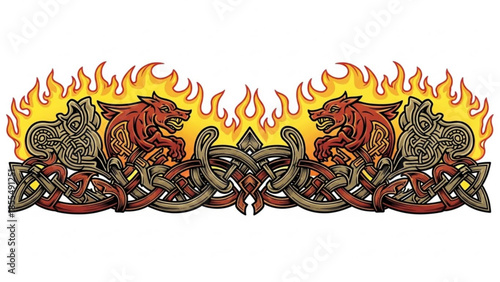 Celtic wolf design with knotwork and flames for tattoo or graphic use featuring two red wolves in celtic style