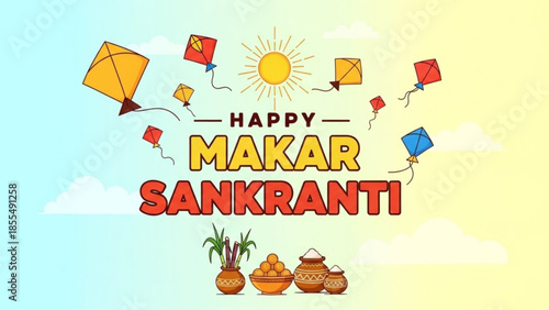Happy makar sankranti festival with kites flying in sky and traditional sweets