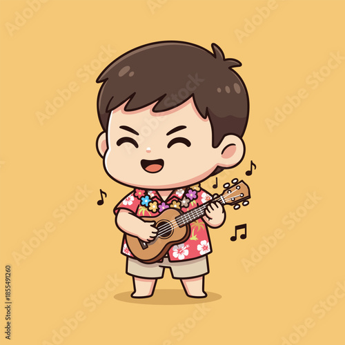 Charming Cartoon Boy Serenading with Ukulele, Radiating Joy and Musicality.