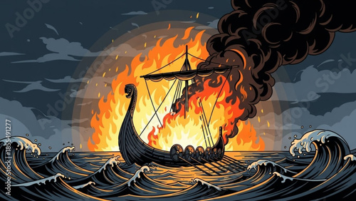 Viking longboat engulfed in flames on turbulent sea with dark ominous sky and large waves crashing