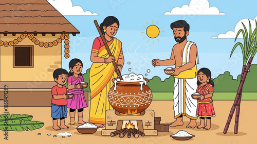 Traditional indian family cooking outdoors, rural scene with adults and children preparing meal together, large pot over fire, house and palm tree in background