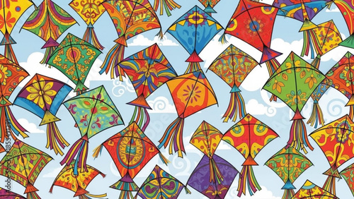 Colorful kites with vibrant patterns and tassels flying high in a light blue sky with fluffy white clouds, a joyful scene of recreational flying toys