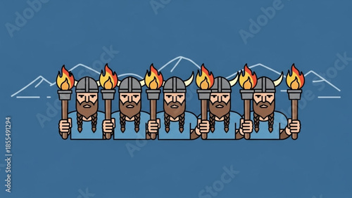 Viking warriors with torches standing in front of mountains, cartoon illustration of six brown skinned men with braided hair and beards wearing grey helmets and blue