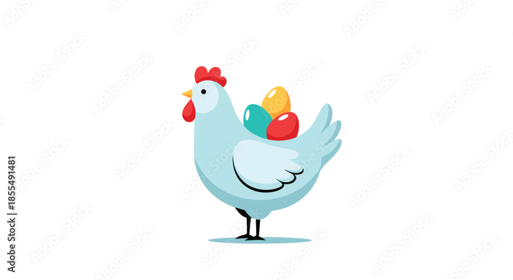 Fototapeta premium A simple and charming flat design illustration of a white hen carrying colorful Easter eggs on its back isolated on a plain white background.