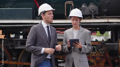 Businesspeople working on tablet and checking train on construction site