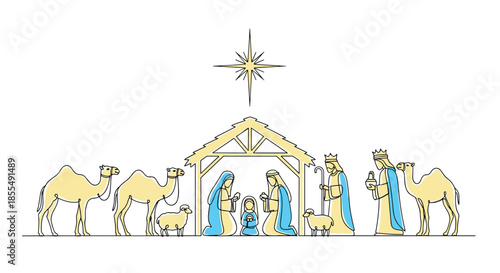 A minimalist continuous line drawing of the Christmas nativity scene with Mary Joseph baby Jesus the three wise men shepherds and animals.