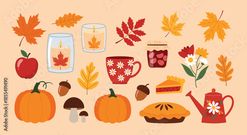 A delightful collection of cozy autumn-themed vector elements including pumpkins leaves pies candles and a warm mug for seasonal designs.