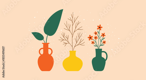 A minimalist and trendy illustration of three different plants in colorful orange yellow and green vases against a light peach background.