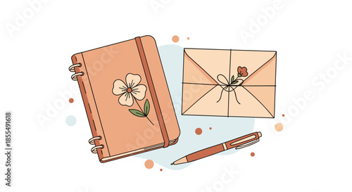A charming flat lay illustration of a spiral notebook an envelope sealed with a flower and a pen perfect for journaling or letter writing.