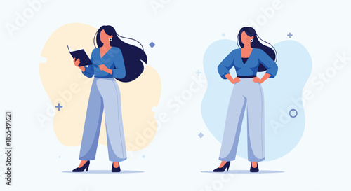 Two illustrations of a confident and modern businesswoman one is reading a book and the other is standing with hands on hips.