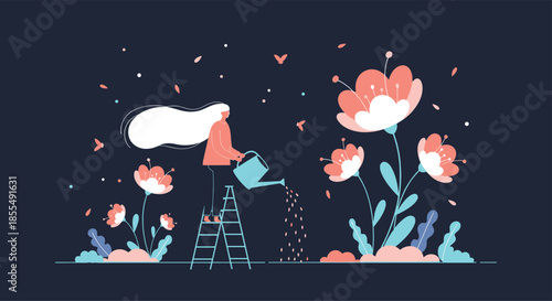 Woman with long white hair on a ladder watering giant flowers at night representing growth self-care and nurturing dreams.