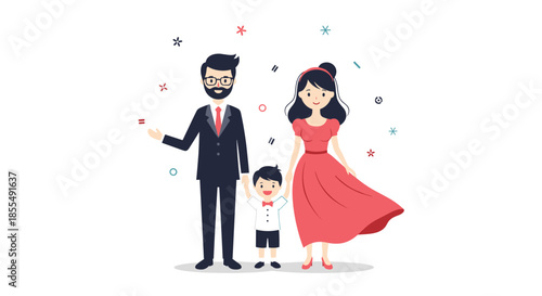 Cute cartoon illustration of a happy young family with a father mother and son standing together and smiling for a portrait.