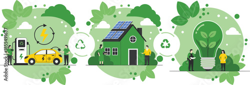 Renewable energy concept set with electric car charging solar panels on house and green bulbRenewable energy concept set with electric car charging solar panels on house and green bulb