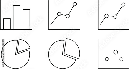 Collection of simple line graphs and charts on a white background, including bar graphs and pie charts.