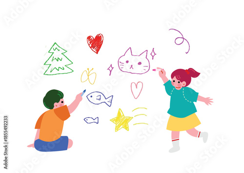 楽しそうにお絵描きをする子供のイラスト