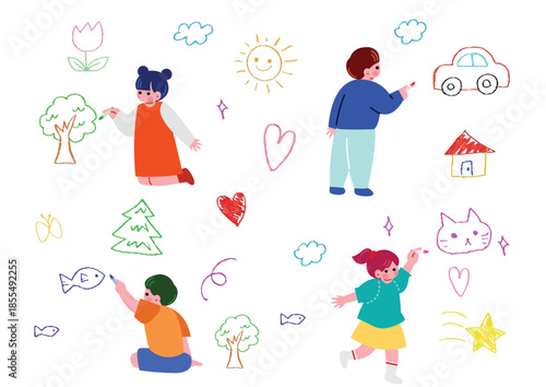 楽しそうにお絵描きをする子供のイラスト