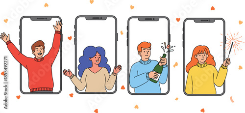People celebrating online via smartphone with champagne and sparkler festive vectorPeople celebrating online via smartphone with champagne and sparkler festive vector