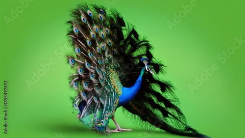 Wallpaper Mural Majestic peacock displaying vibrant colorful feathers on green background Torontodigital.ca