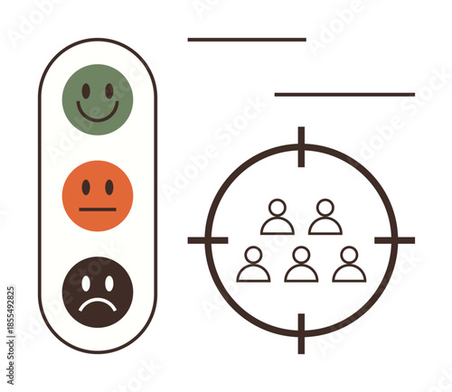 Three emotion faces representing satisfaction levels and a target graphic with five people figures. Ideal for customer satisfaction, survey analysis, user feedback, audience targeting, business
