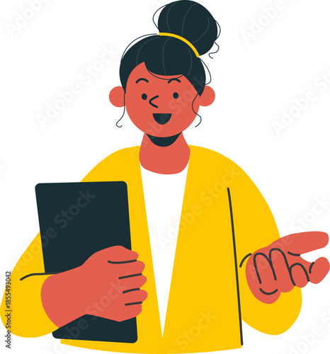 Flat Illustration of Smiling Businesswoman Holding Tablet Presenting Information