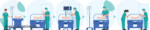 Healthcare professionals providing neonatal care to newborn baby in hospital incubator flat vectorHealthcare professionals providing neonatal care to newborn baby in hospital incubator flat vector
