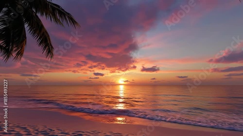 Palm Trees Framing Tropical Beach Sunset with Colorful Sky