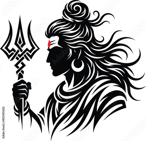 Vector illustration of Hindu God Shiva holding trident with long hair in tribal style representing power, divinity, and spirituality.