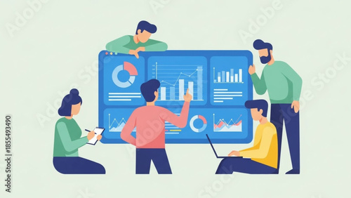 Team analyzing business data on a large digital display