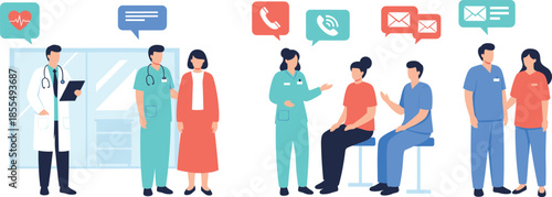 Medical consultation and patient communication vector set with doctors and healthcare staffMedical consultation and patient communication vector set with doctors and healthcare staff