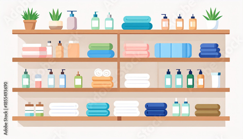 A clean and organized display of bathroom and spa essentials on wooden shelves, featuring folded towels, various bottles, and potted plants.