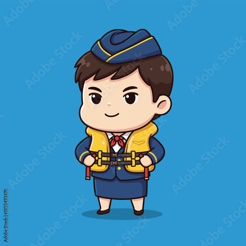 Chibi flight attendant demonstrating safety with life vest, cartoon style.