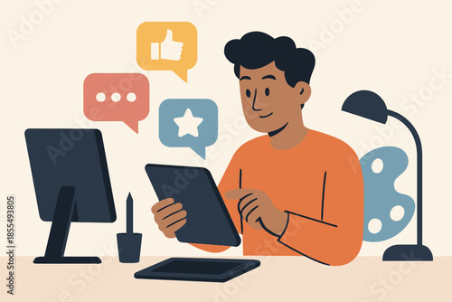 Man working on tablet with social media feedback icons.
