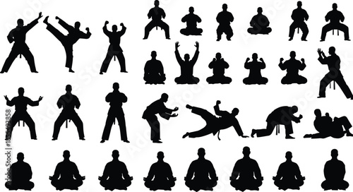 Silhouette set of martial artists performing karate kicks, punches, and judo throws mixed with peaceful meditation poses in traditional uniforms.