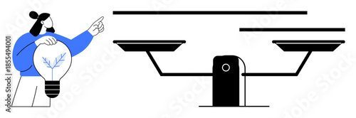 Creativity, innovation, problem-solving, decision-making, balance, growth concepts. Person holding light bulb pointing to scales. Creativity and innovation visualization balance and progress
