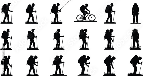 Hiking and outdoor adventure silhouette set with backpackers walking, trekking, cycling and fishing activities in nature black vector illustration