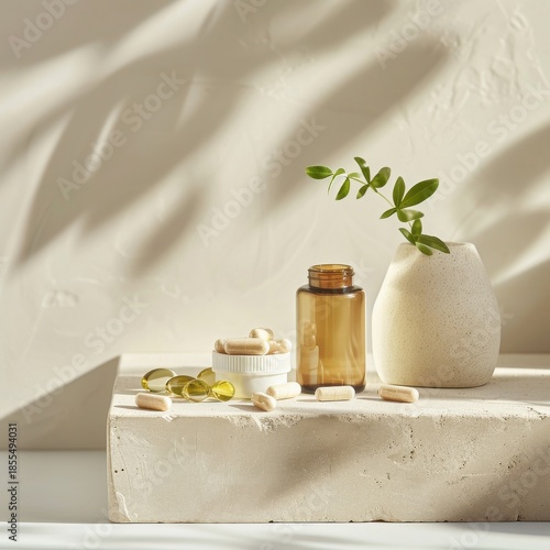 Wallpaper Mural Minimalist wellness still life with herbal supplement capsules, amber glass bottle, and green leaves in a vase on a stone pedestal with soft leaf shadows Torontodigital.ca