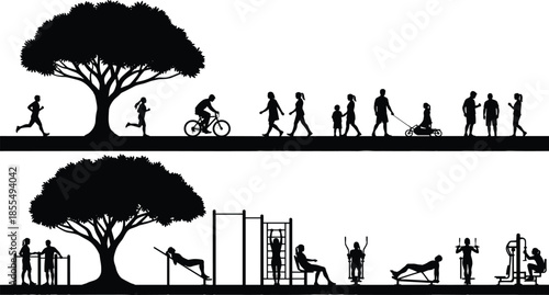 Park lifestyle silhouette scene with people walking, running, cycling, families and outdoor fitness activities in urban green space black vector illustration