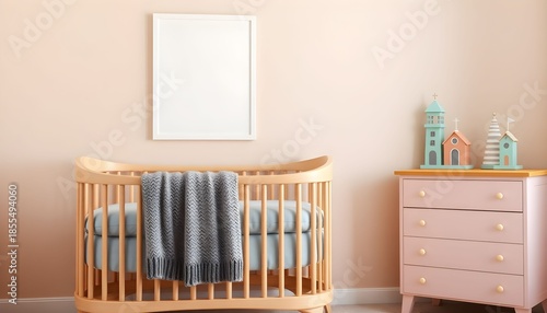 Nursery room with wooden crib and pink dresser blank frame on wall for mockup soft pastel colors cozy baby bedroom interior